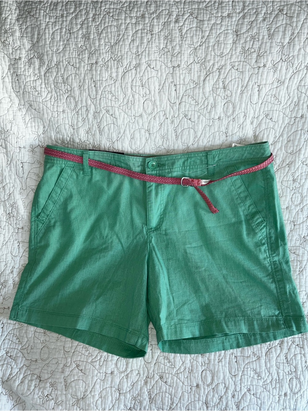 Bandolino Teal Green Cotton Bermuda Shorts with Pink Braided Belt